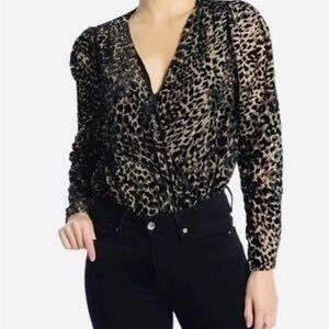 ASTR The Label Leopard Bodysuit Plunge Neck Long Sheer Sleeve Velvet Thong Sz M